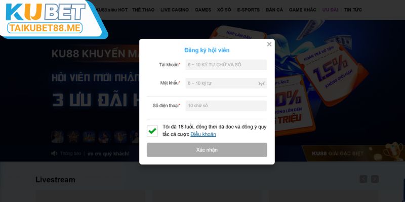 Biểu mẫu chuẩn để đăng ký tài khoản Kubet88